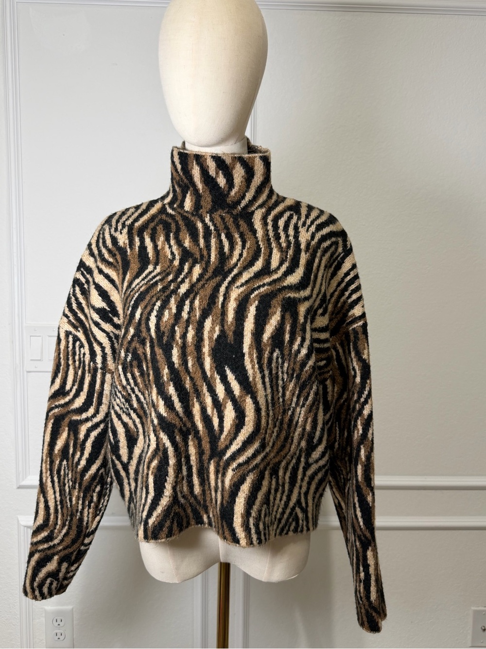 Zara Black and Brown Zebra-Print Turtleneck Sweater